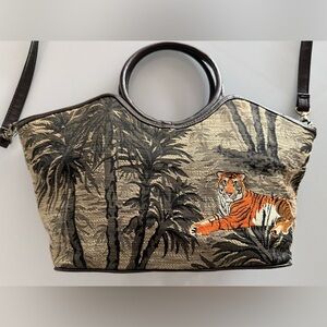 Vintage Bueno Tropical Tapestry Handbag W/ Embroidered Tiger & OG Accessories